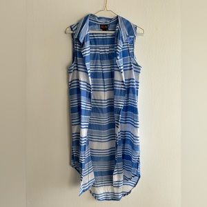 Women’s Blue Sleeveless Long Button Down Shirt